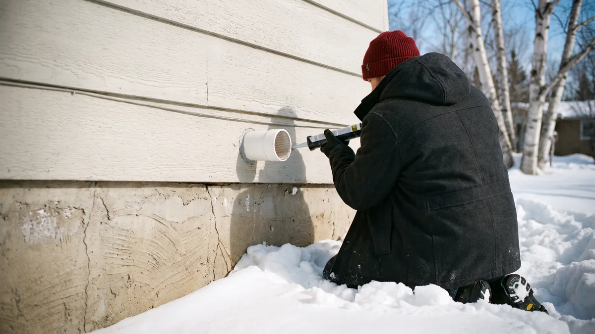 A short white exhaust pipe leaving the side wall of a house just above snow level, with an installer sealing around it.