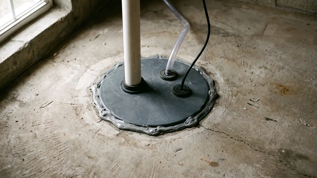 A basement sump pit with a sealed lid and a pipe rising from it.