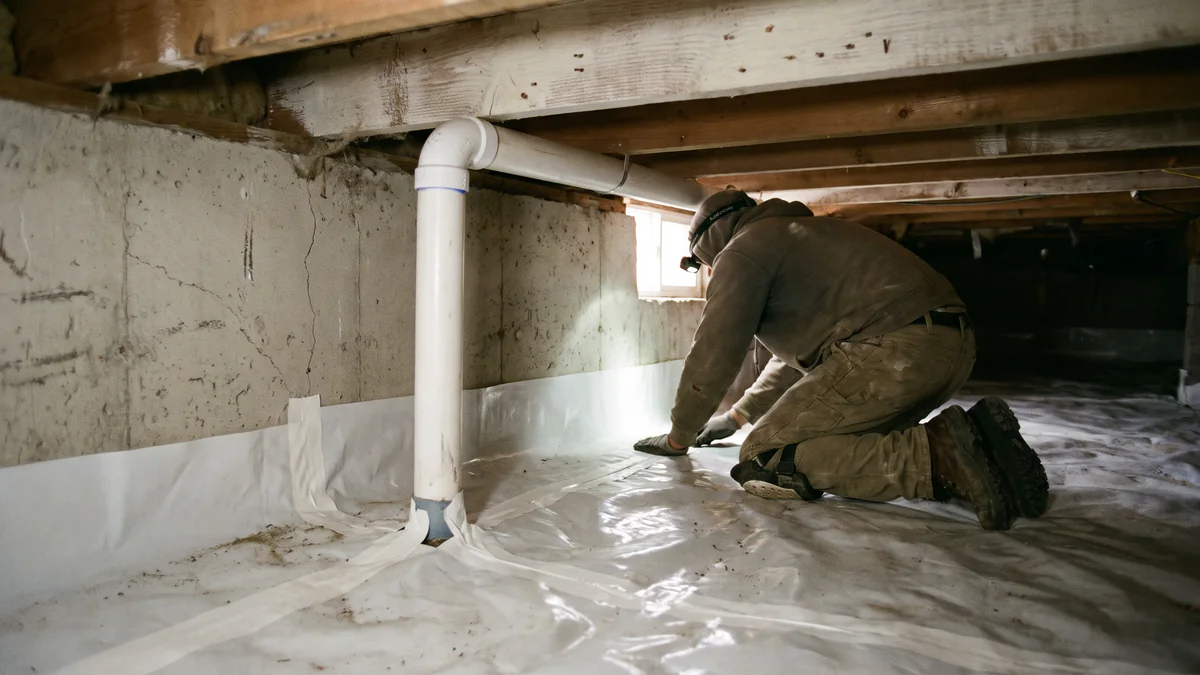 A crawlspace covered with plastic sheeting, with an installer taping a seam.