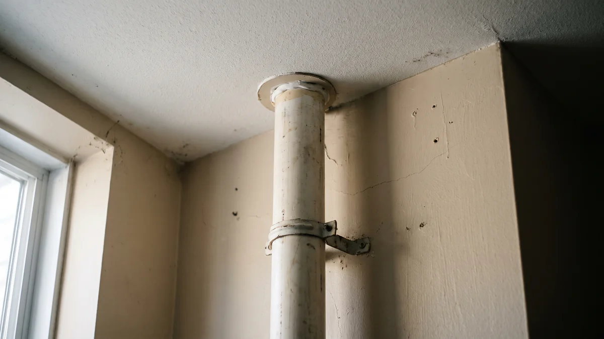 A white radon pipe rising through a basement ceiling.